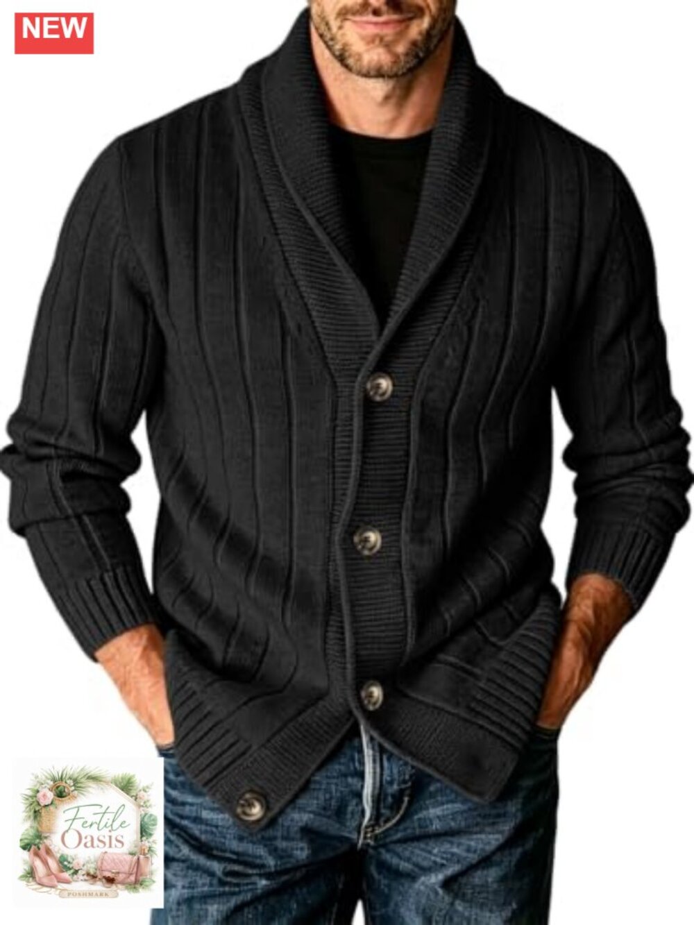 Men's Cable Knit Shawl Collar Cardigan Sweater Long Sleeve Button Up